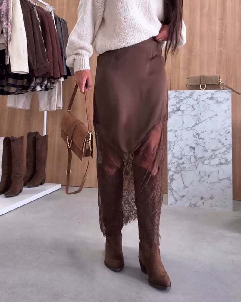 Elegant Satin Lace Patchwork Skirt