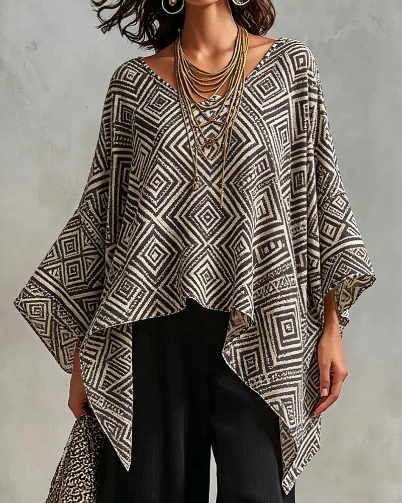 Diamond Pattern Irregular Casual Blouse
