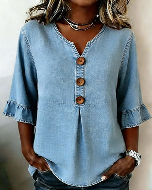 V-Neck Flared Sleeve Denim Blouse