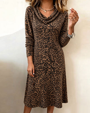 Slouchy Mock Neck Leopard Long Sleeve Dress