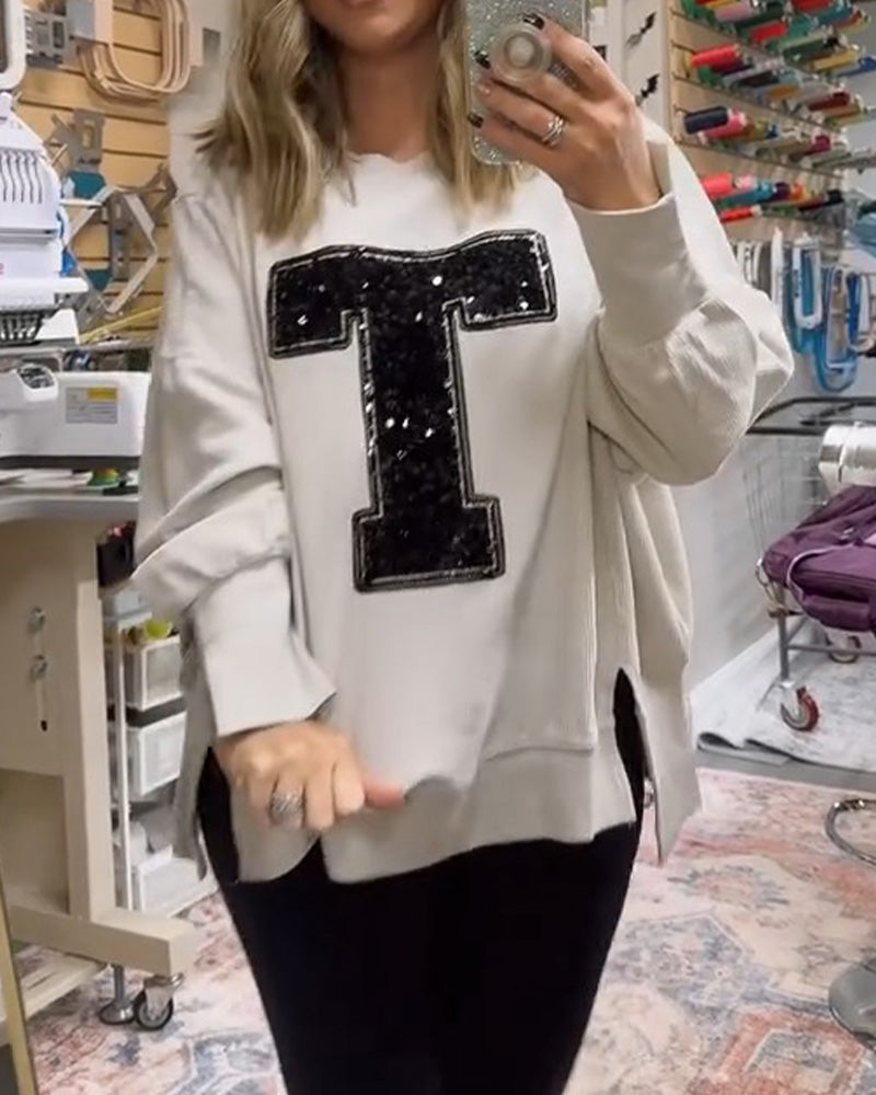 T-Design Sequin Embroidered Crew Neck Sweatshirt