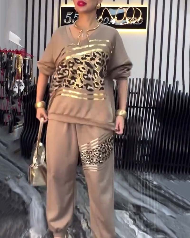 Leopard Print Casual Sweatshirt Set
