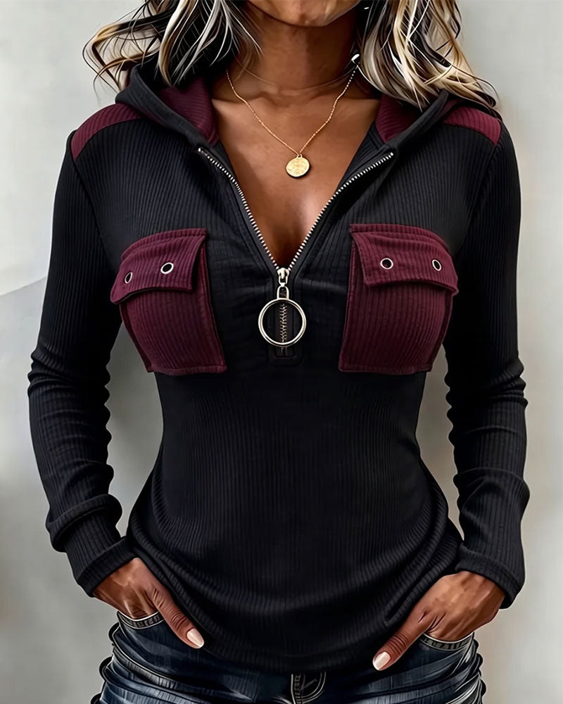 Color Block Half Zip Hooded Fashion Top