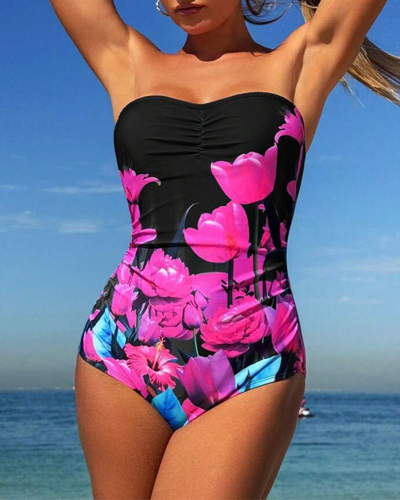 Bandeau Floral Print One-Piece Swimsuit