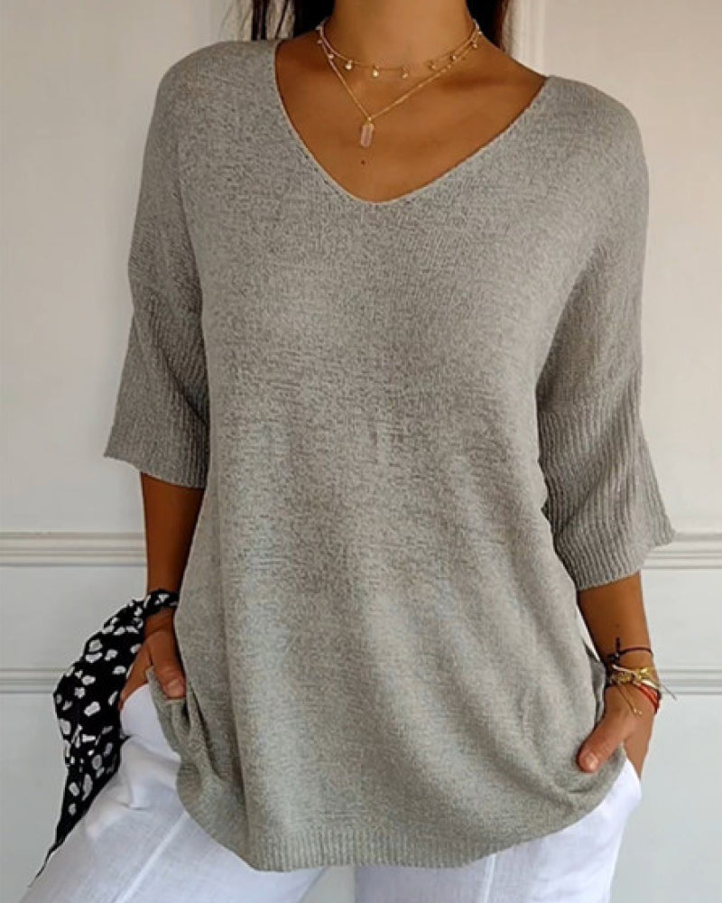 💖 Solid Color Knitted Top With V-Neck