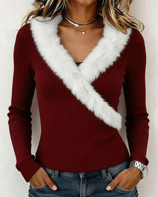 Ribbed Patchwork Fuzzy Collar Long Sleeve Top