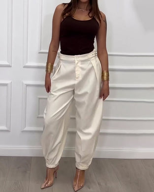 Solid Color Buttoned Jogger Pants