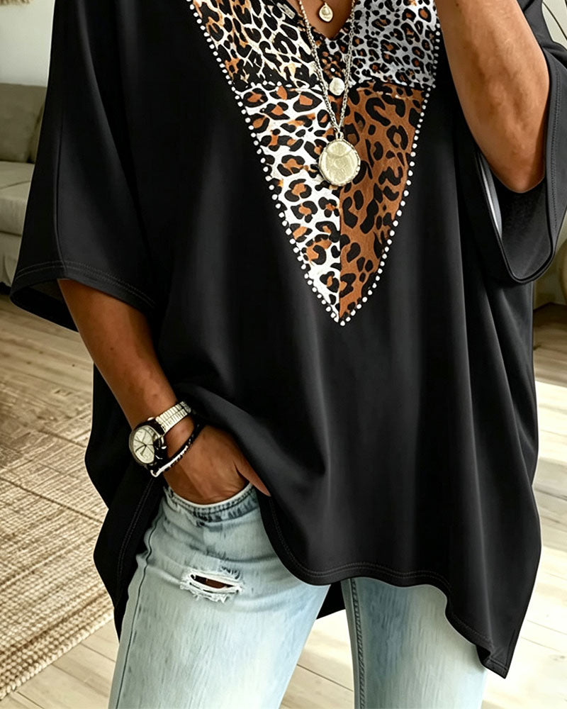 Loose Batwing Sleeve V-Neck Leopard Print T-Shirt