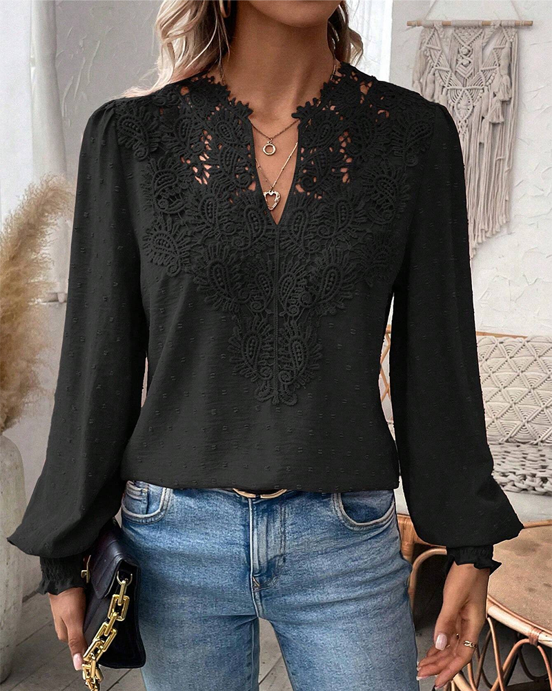 V-Neck Lace Jacquard Blouse