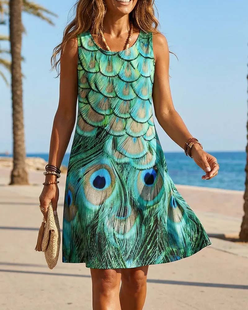 Sleeveless Peacock Print Fashion Dress