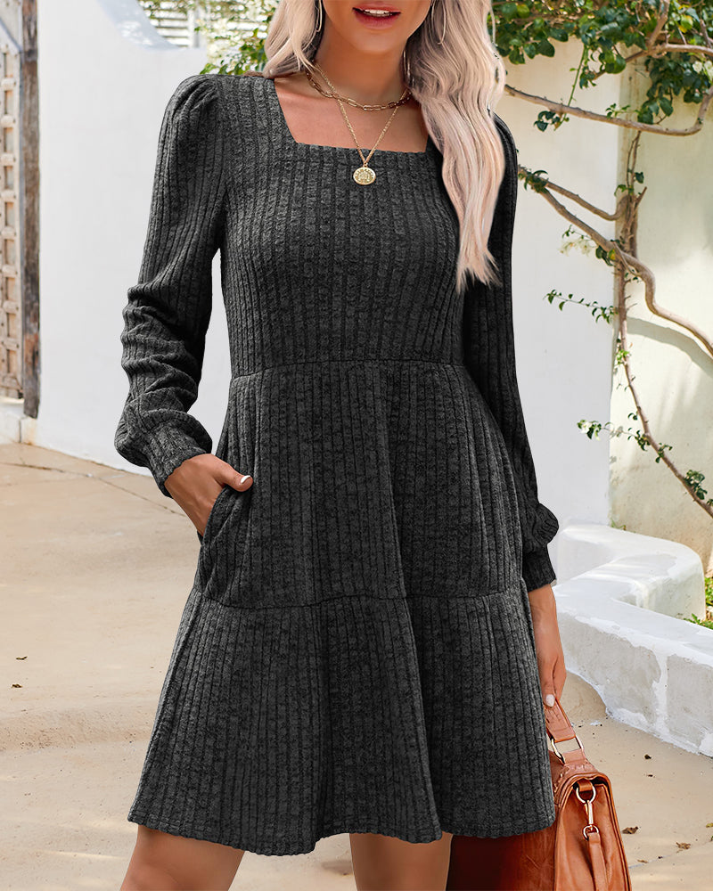 🍂2025 Autumn New Style⏰Women's Square Neck Lantern Sleeve Ribbed Dress