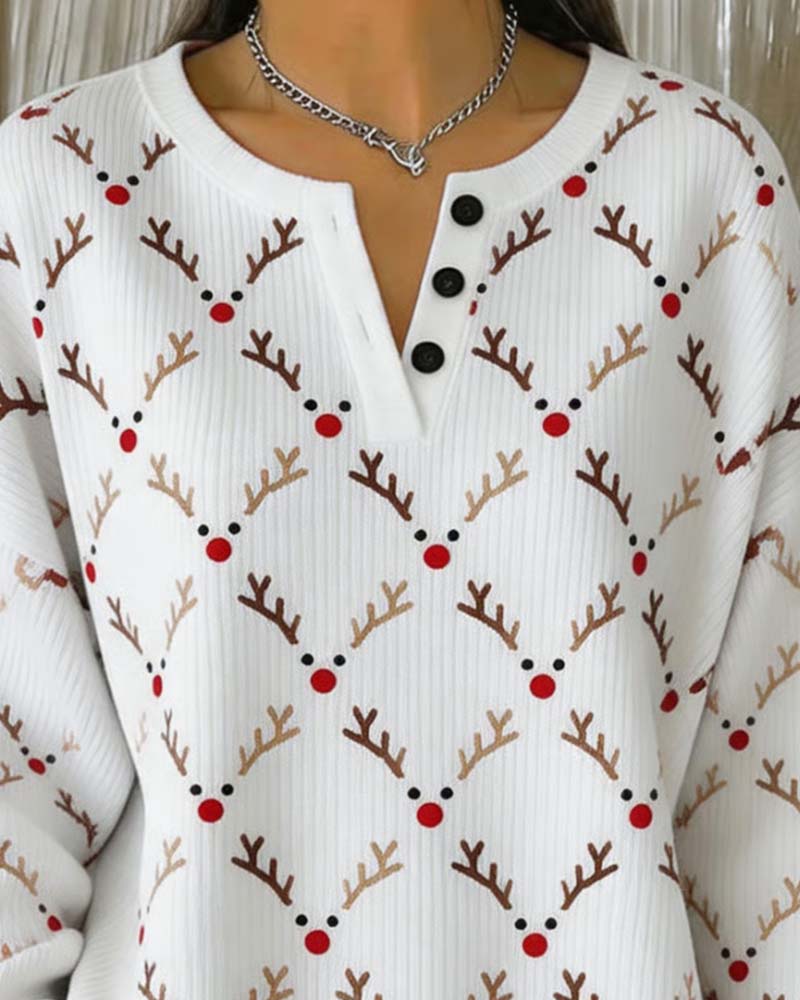 Christmas Antler Print Button Sweatshirt