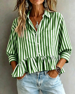 Casual Stripes Ruffle Blouse
