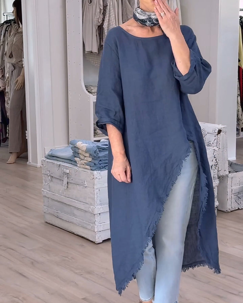 Raw-Edge Slit Asymmetrical Blouse