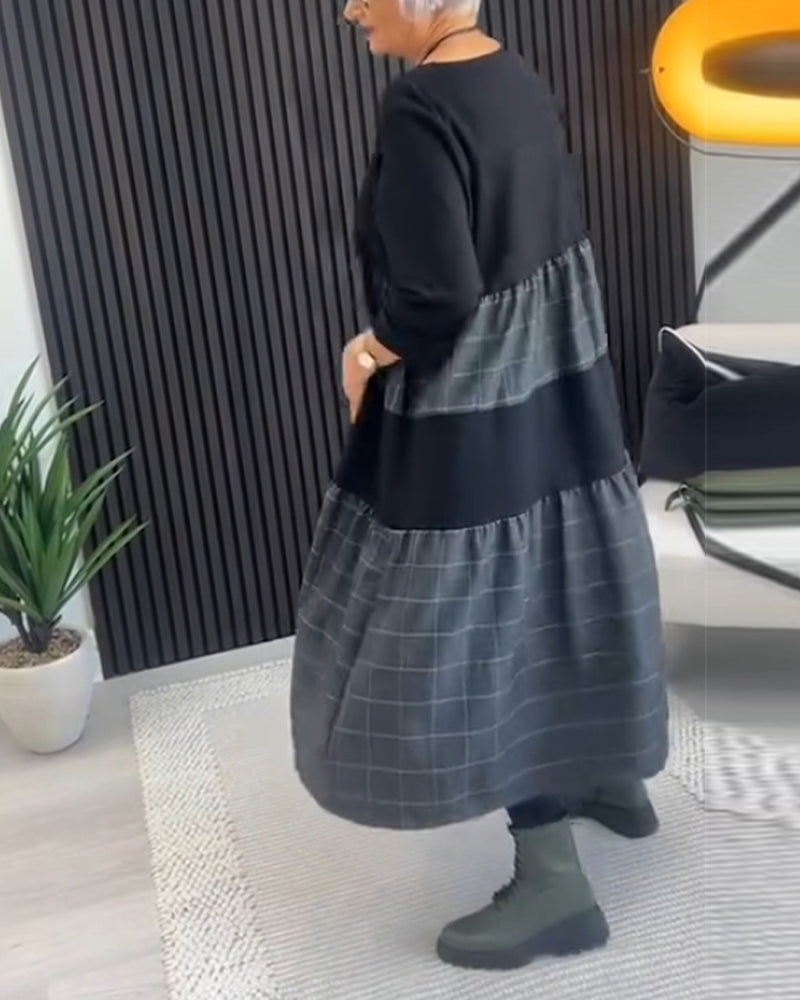 Casual plaid patchwork pocket dress