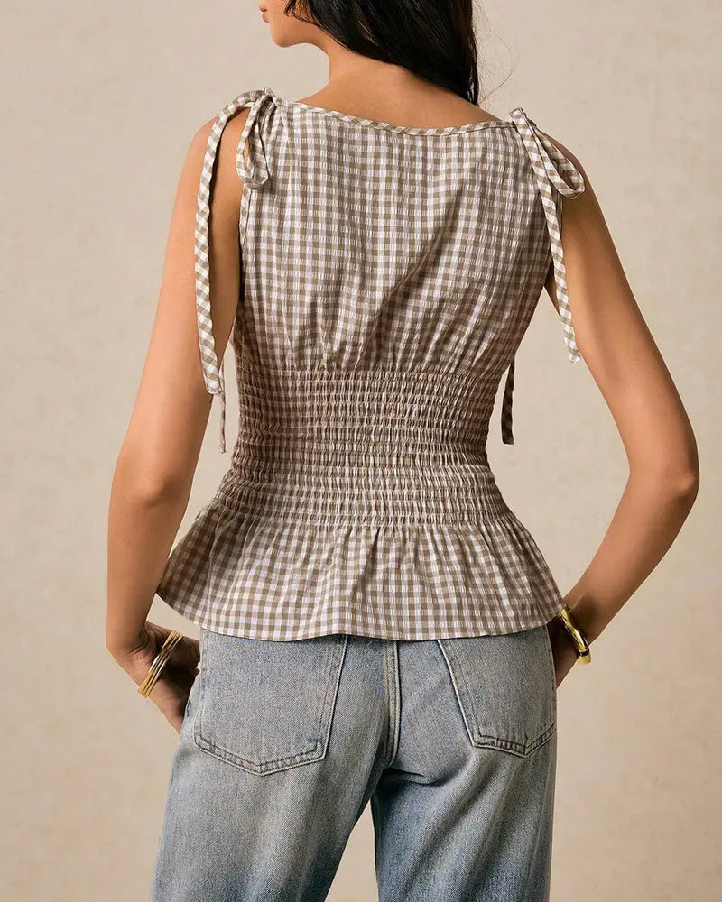 Sleeveless Plaid Tie Waist Blouse