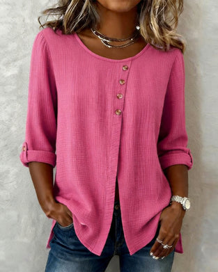 Crew-Neck Half-Placket Blouse