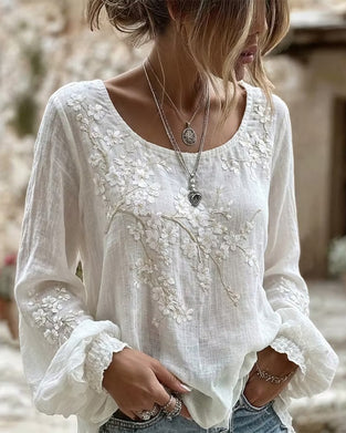 Textured Cherry Blossom Embroidered Crew Neck Blouse