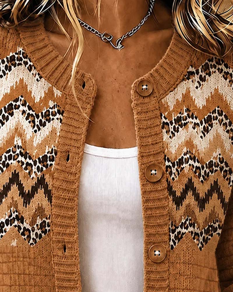 Buttoned Leopard Wavy Stripe Cardigan