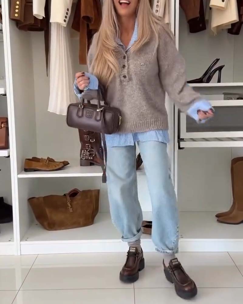 Long-Sleeved Button-Down Collar Pullover