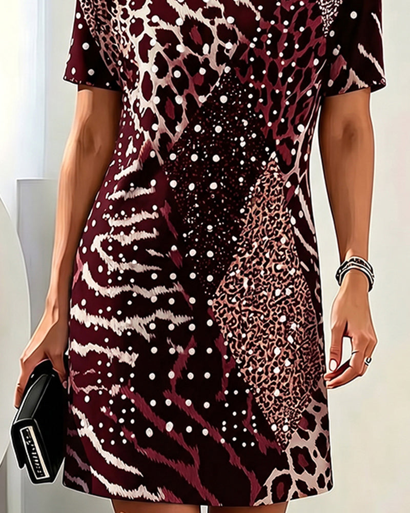 Leopard Print Crew Neck Short Sleeve Patchwork Dress