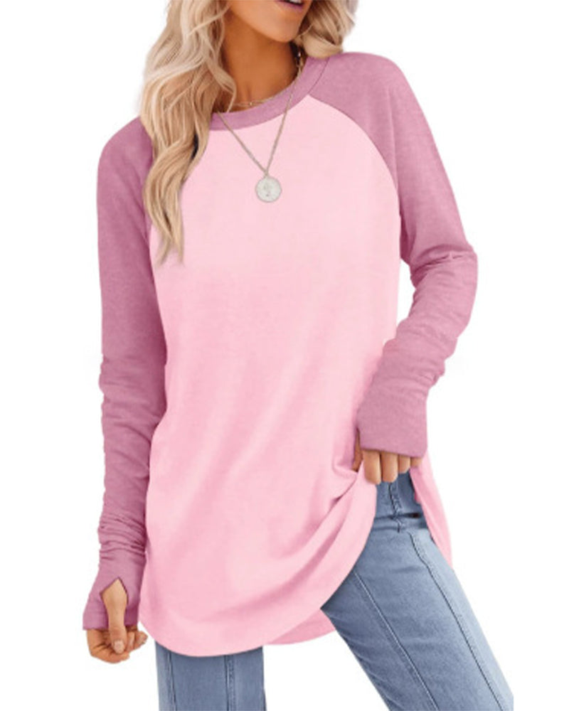 Crew Neck Raglan Colorblock Long Sleeve Top