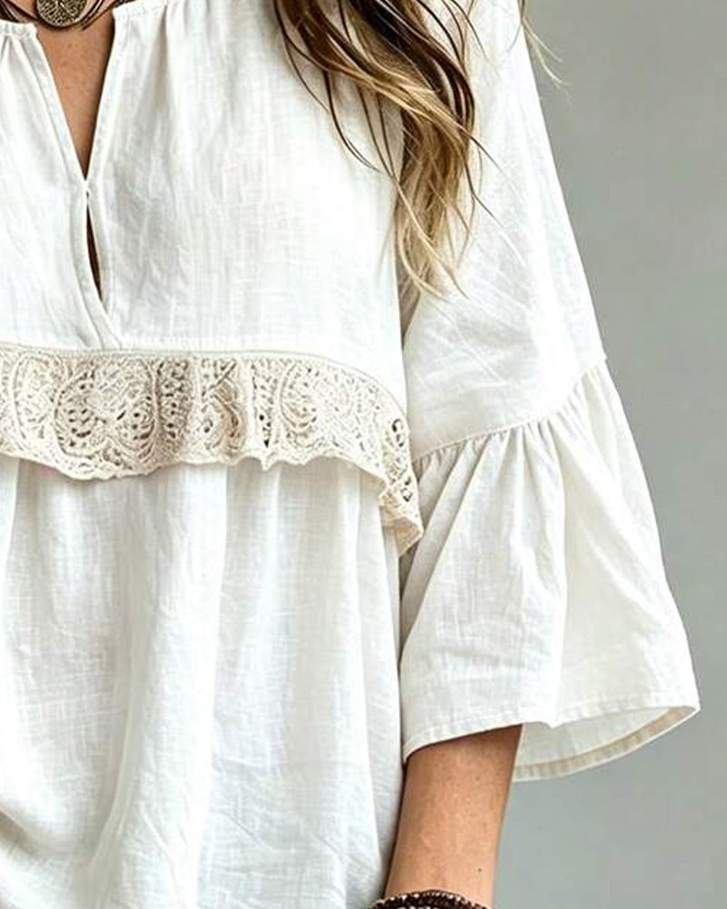 Casual V-Neck Lace Blouse