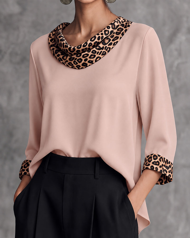 Leopard Panel Cowl Neck Elbow-Length Sleeve Blouse