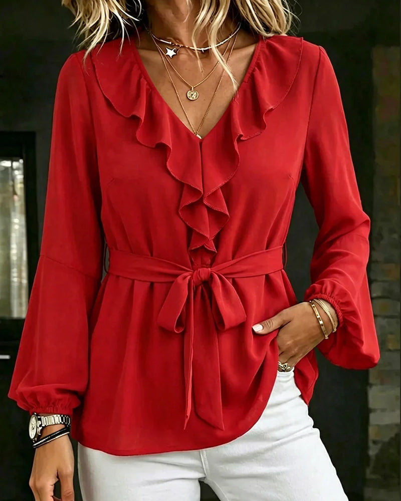 V-Neck Ruffle Casual Blouse