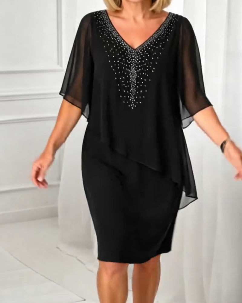 Casual V-Neck Rhinestone Dress