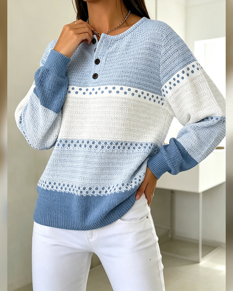 Color Block Waffle Knit Henley Pullover Sweatshirt