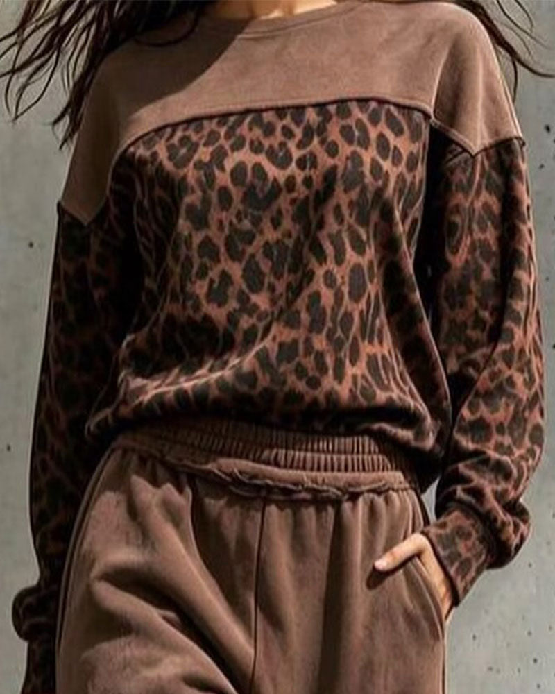 Leopard Print Patchwork Sweatshirt Set