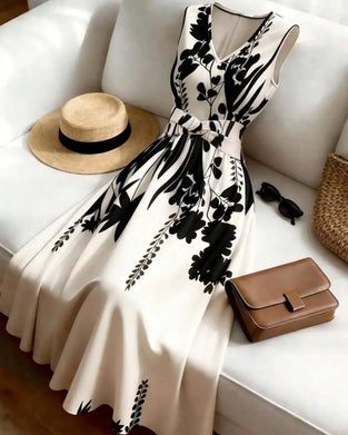 V-Neck Waist A-Line Sleeveless Dress
