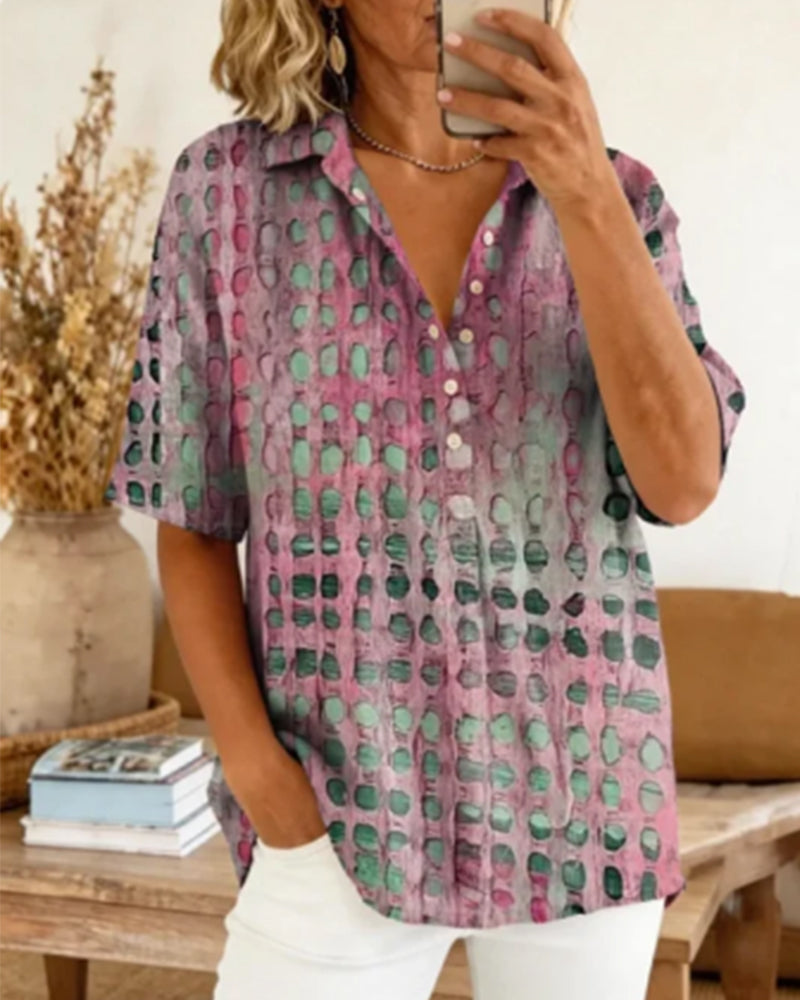 Polka Dot Print Button Half-Placket Blouse