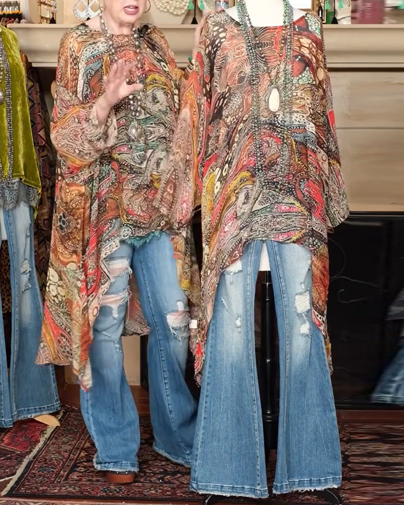 Loose Batwing Sleeve Print Blouse