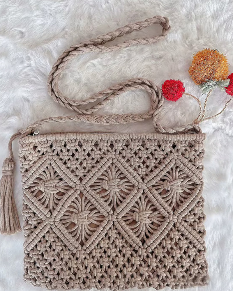 🏆Flash Sale⚡Minimalist Tassel Women's Clutch – Retro Cotton Rope Woven Bag, Summer Vacation Boho Beach Purse
