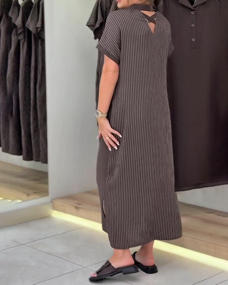 V-Neck Lapel Stripe Cutout Dress