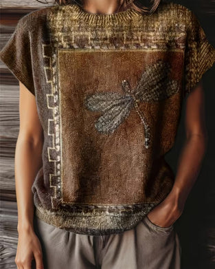 Dragonfly Print Round Neck Short Sleeve Pullover
