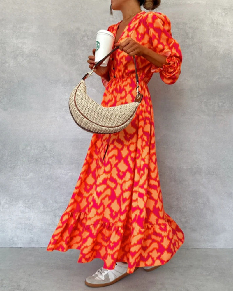 Stylish printed collar button slit puff sleeve dress