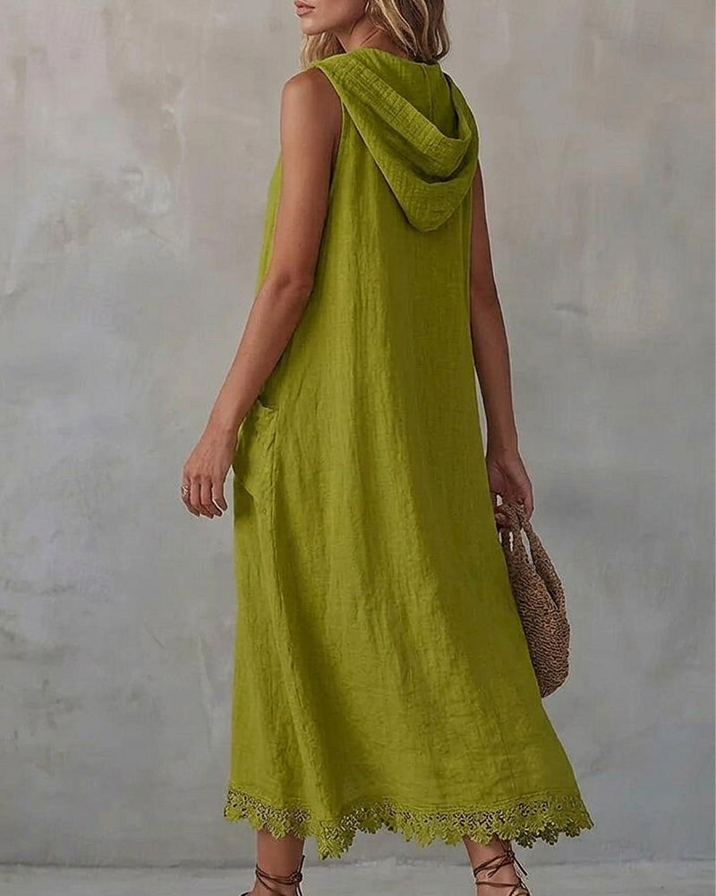 Hooded Sleeveless Lace Patchwork Dress