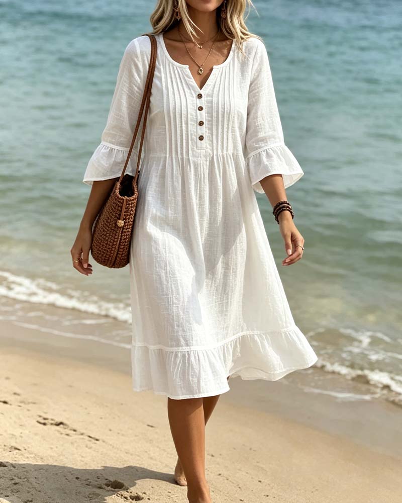 Solid Color V-Neck Pleated Ruffled Dress