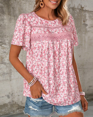 Round Neck Floral Short-Sleeved Top