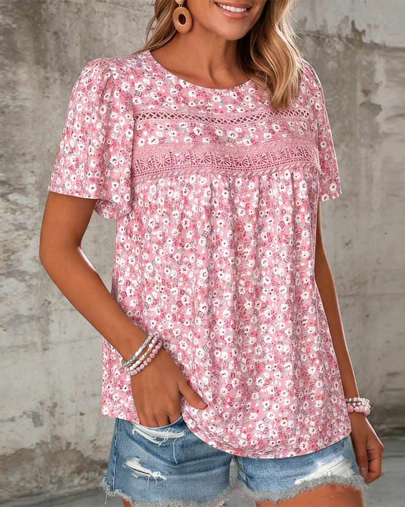 Round Neck Floral Short-Sleeved Top