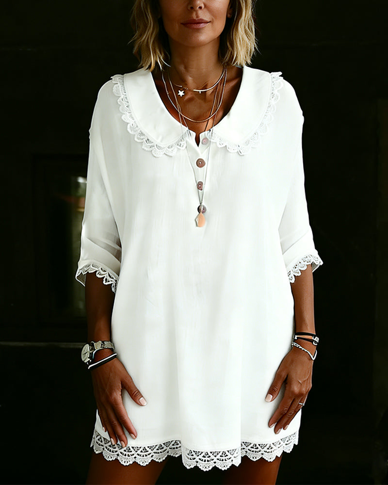 Doll-Collar Lace Three-Quarter Sleeve Dress