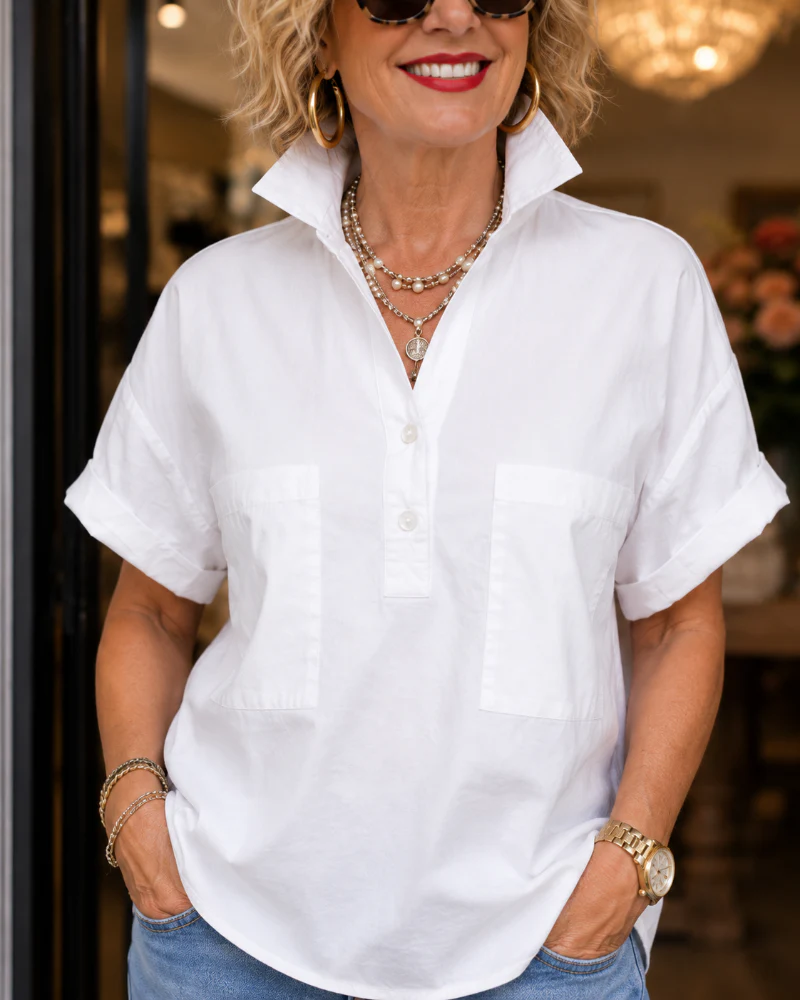 Pocket Button V-Neck Casual Blouse