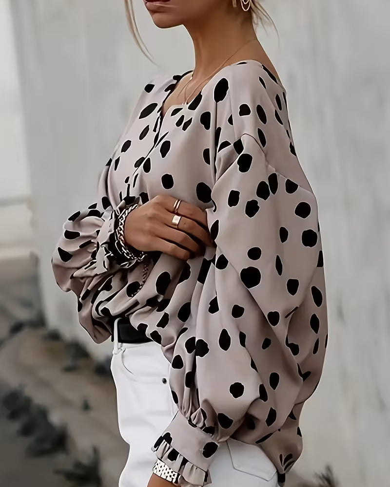 V-Neck Polka-Dot Puff Sleeve Blouse