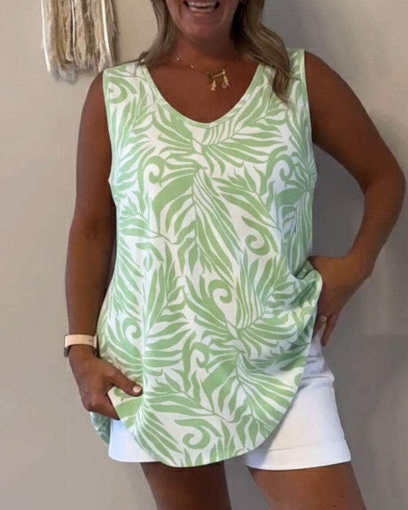 Loose-Fitting Plant-Print Tank Tops