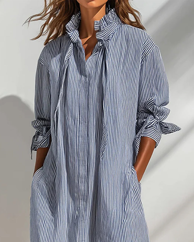 Casual Stand Collar Striped Slit Dress