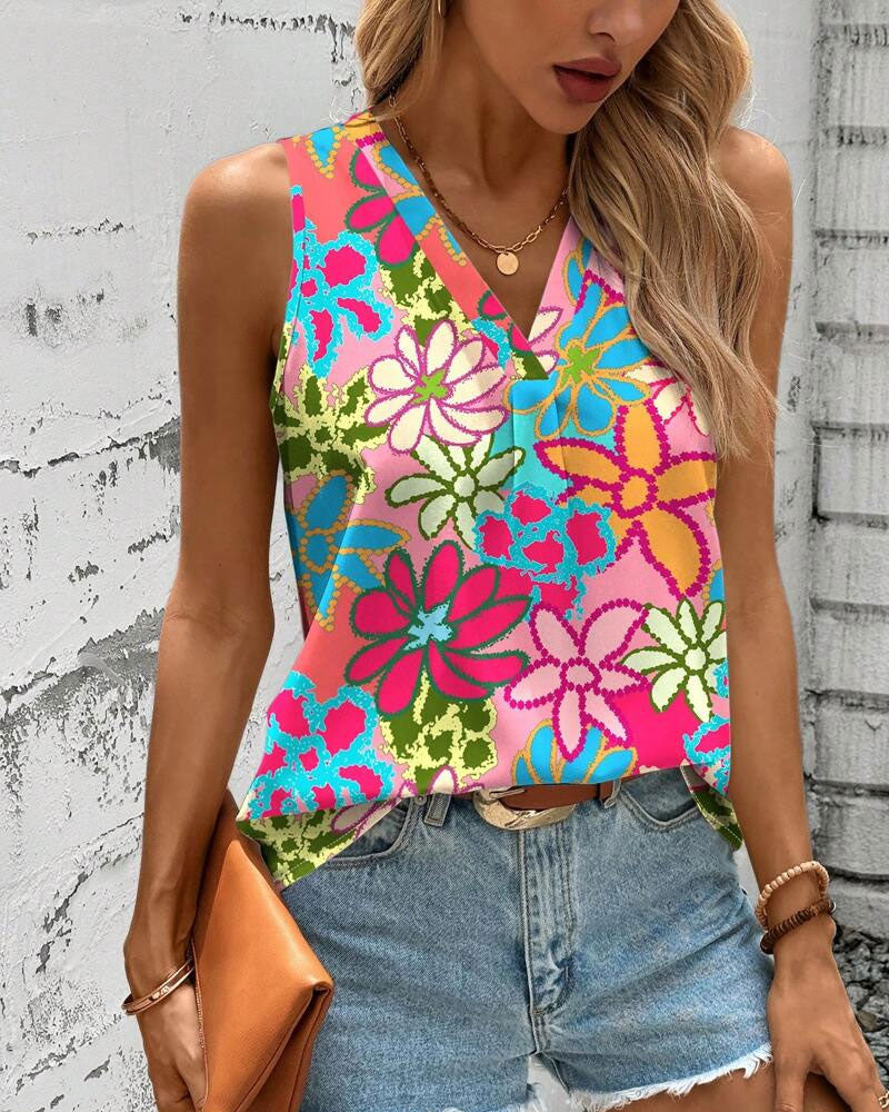 V-Neck Floral Print Sleeveless Vest