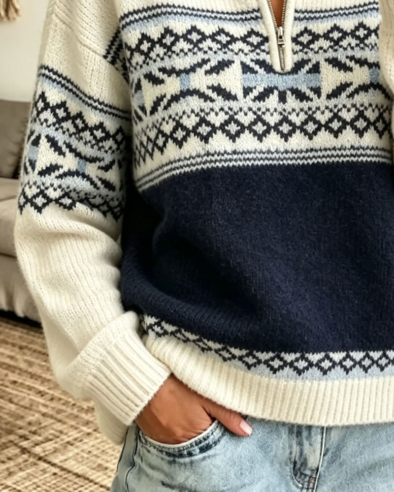 Lapel Zipper Diamond Pattern Contrast Pullover